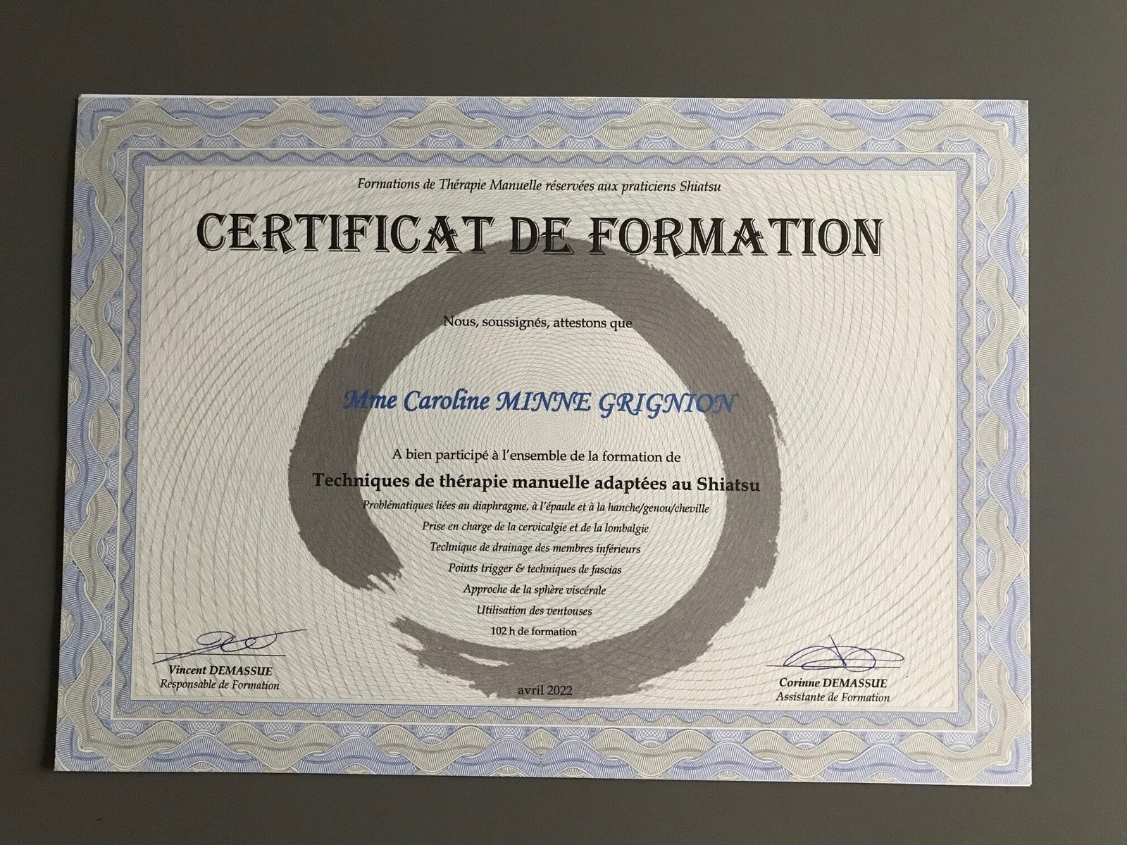 Diplôme de Shiatsu Caroline Grignion